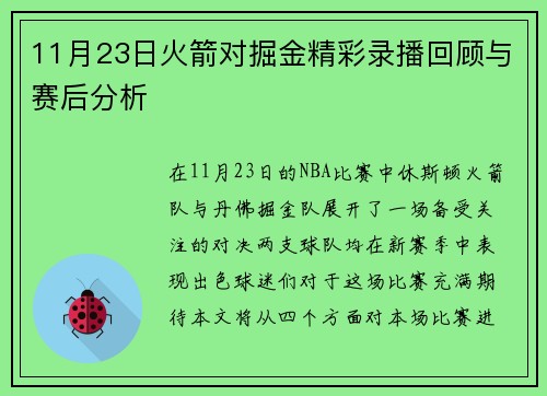 11月23日火箭对掘金精彩录播回顾与赛后分析