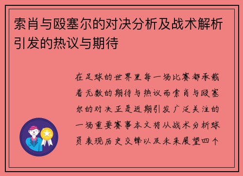 索肖与殴塞尔的对决分析及战术解析引发的热议与期待